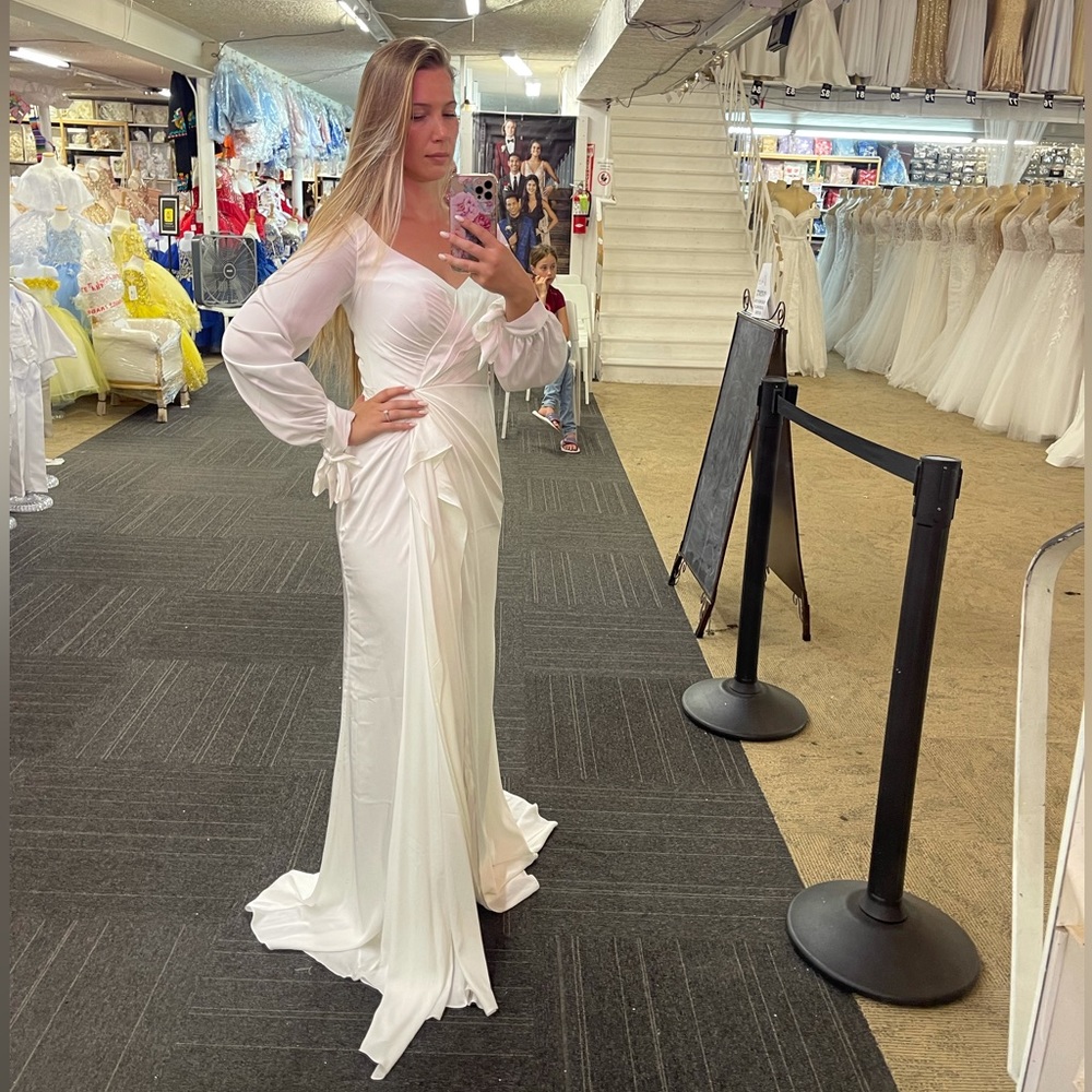 Party Prom Satin Sheath Puffy Sleeves Maxi Long Sleeve Evening Dress Gown